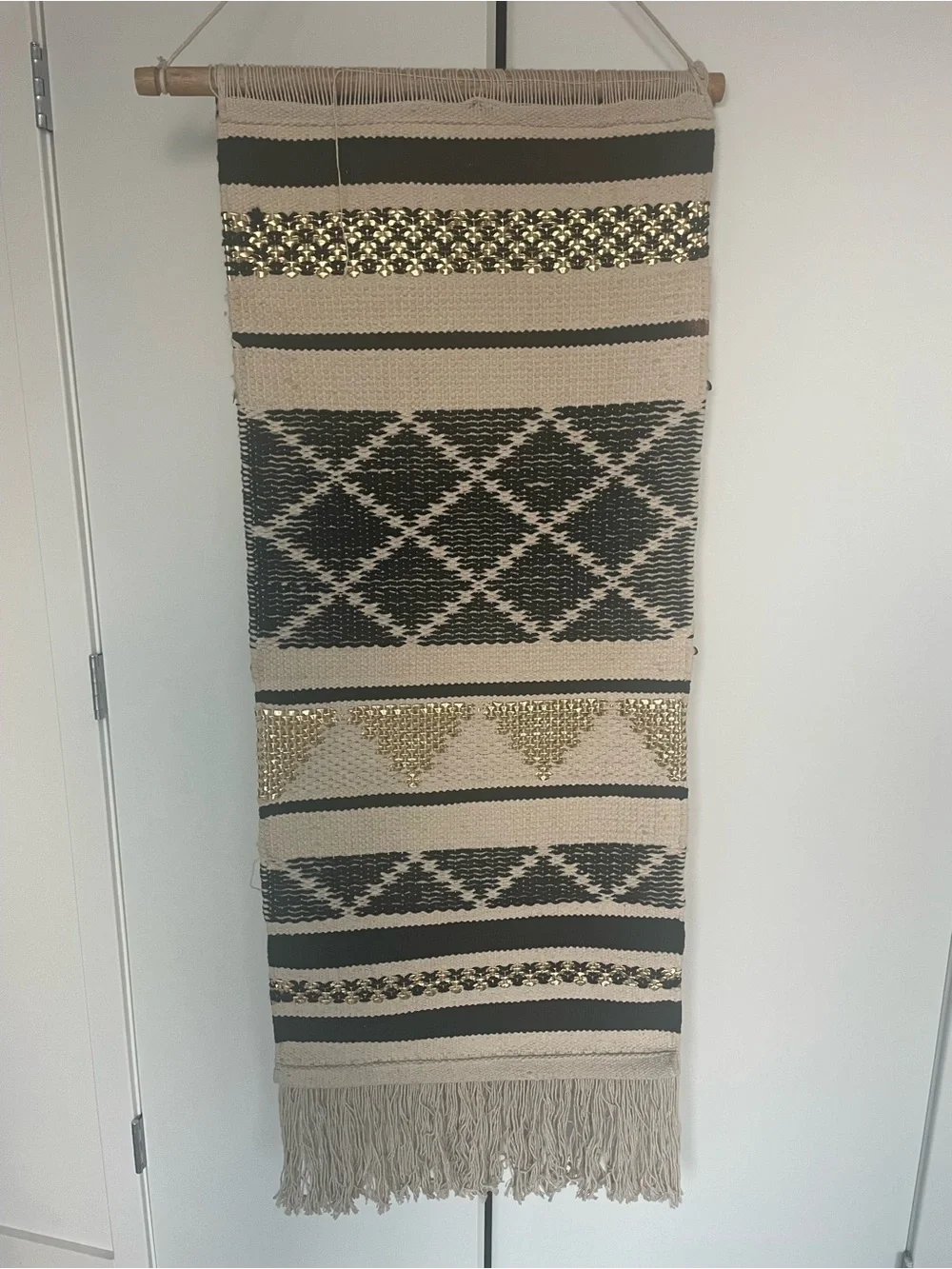 Sequin and Shag Neutrals Fringe Woven Wall Hanging Moroccan Style